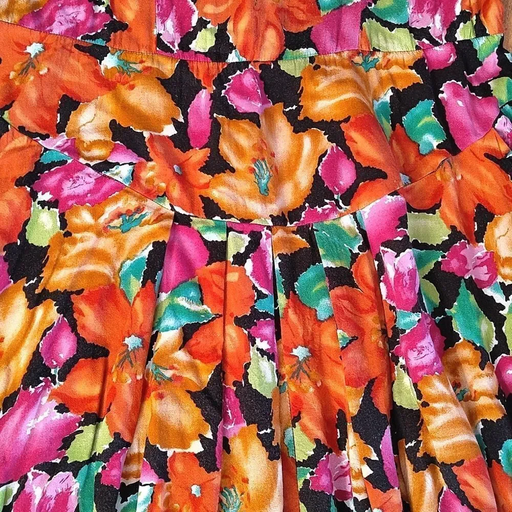 VTG 80s Bright Floral V Waist Midi Dress SZ 12 *Fits like Med Gardencore‎